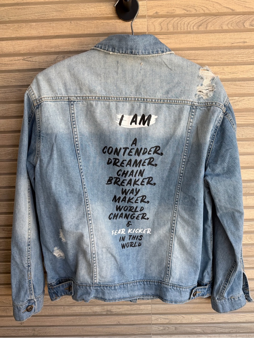 Distressed Denim Jean Jacket Faith Fear Kicker Graphic Oversized Small NWOT